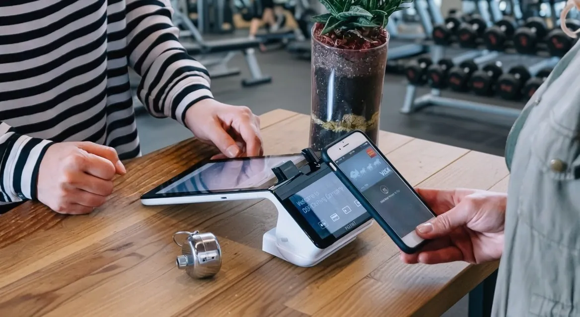 A gym member taps their phone to pay at the front desk on a GymPoint card terminal