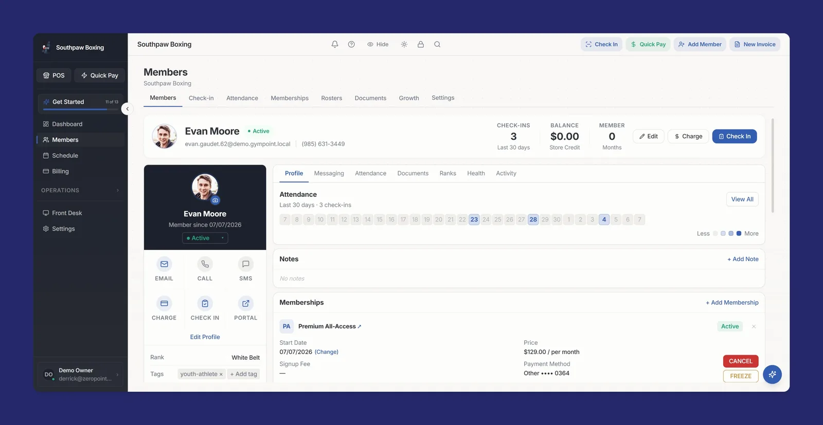 GymPoint Member Management screen