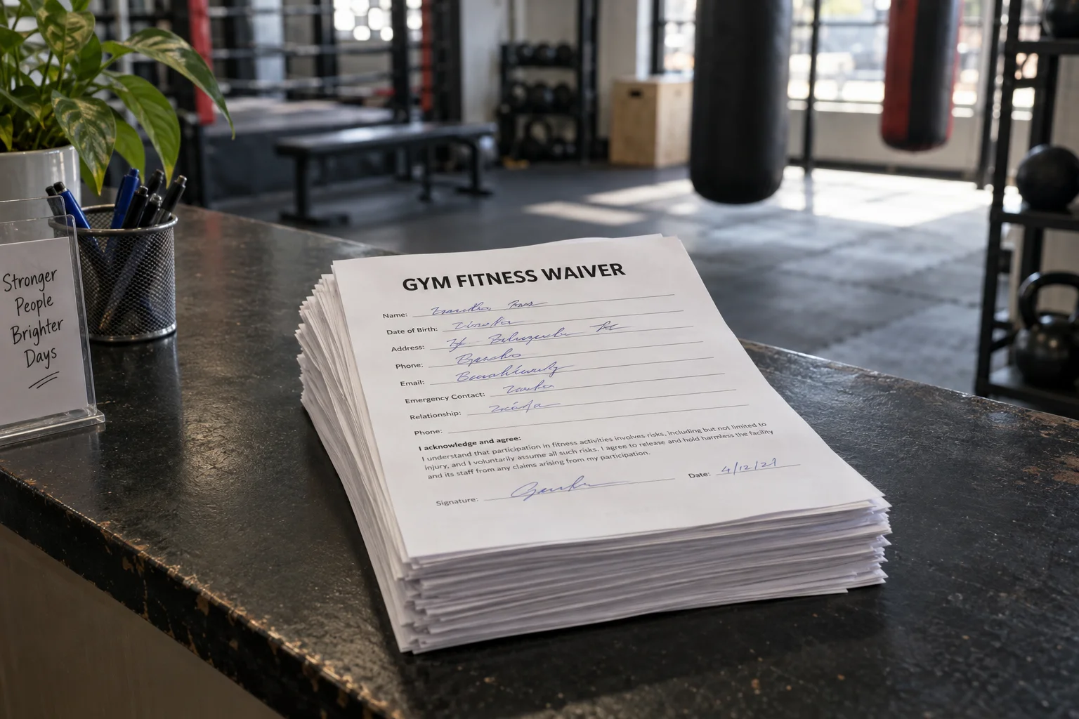 A stack of handwritten forms headed Gym Fitness Waiver on a gym reception counter.